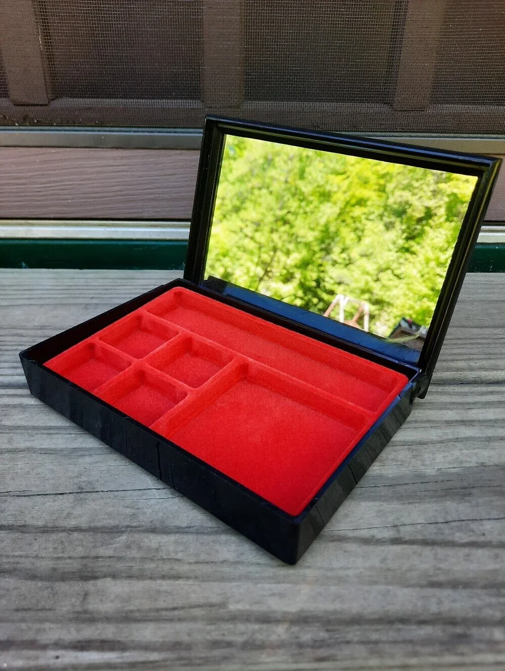 Vintage Asian Black Hard Plastic Peony Painted Lined Mirror Jewelry Box Small
